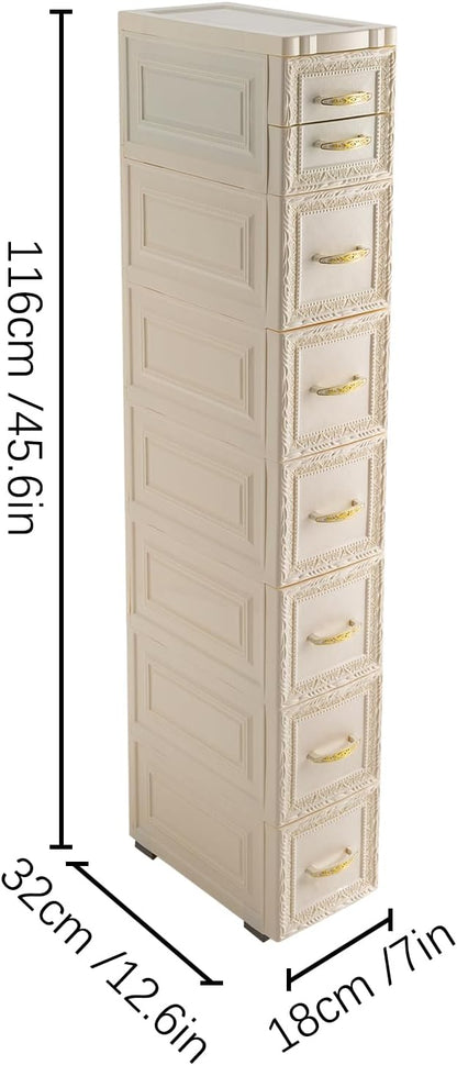 8 Drawers Narrow Storage Cabinet with Wheels,Slim Floor Cabinets,Rolling Organizer Cart for Small Spaces,Pink