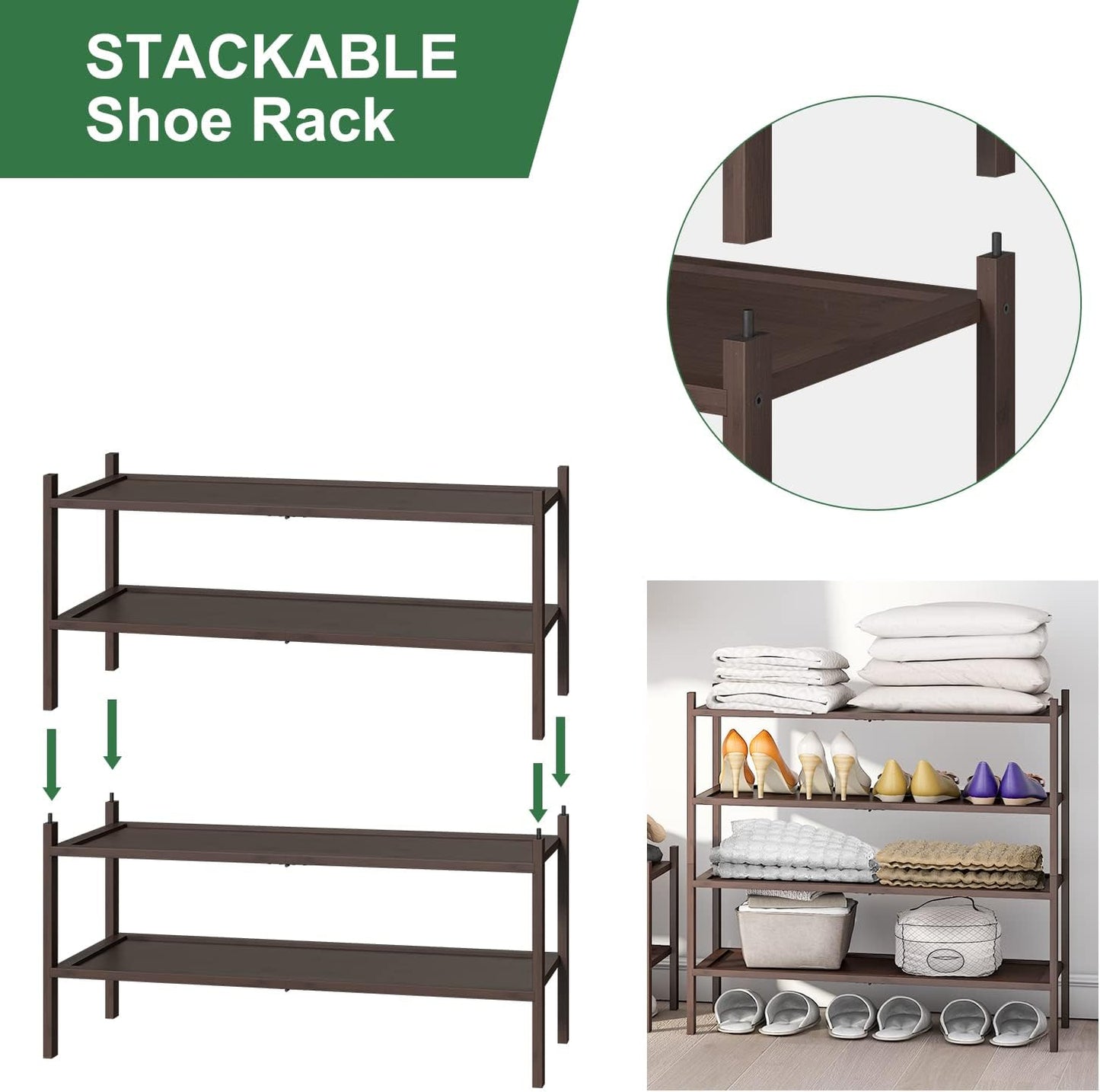kiplant Small Shoe Rack, 4-Tier Bamboo Wood Shoe Rack for Entryway, Stackable Shoe Organizer for Hallway Closet, Free Standing Shoe Racks for Indoor & Outdoor