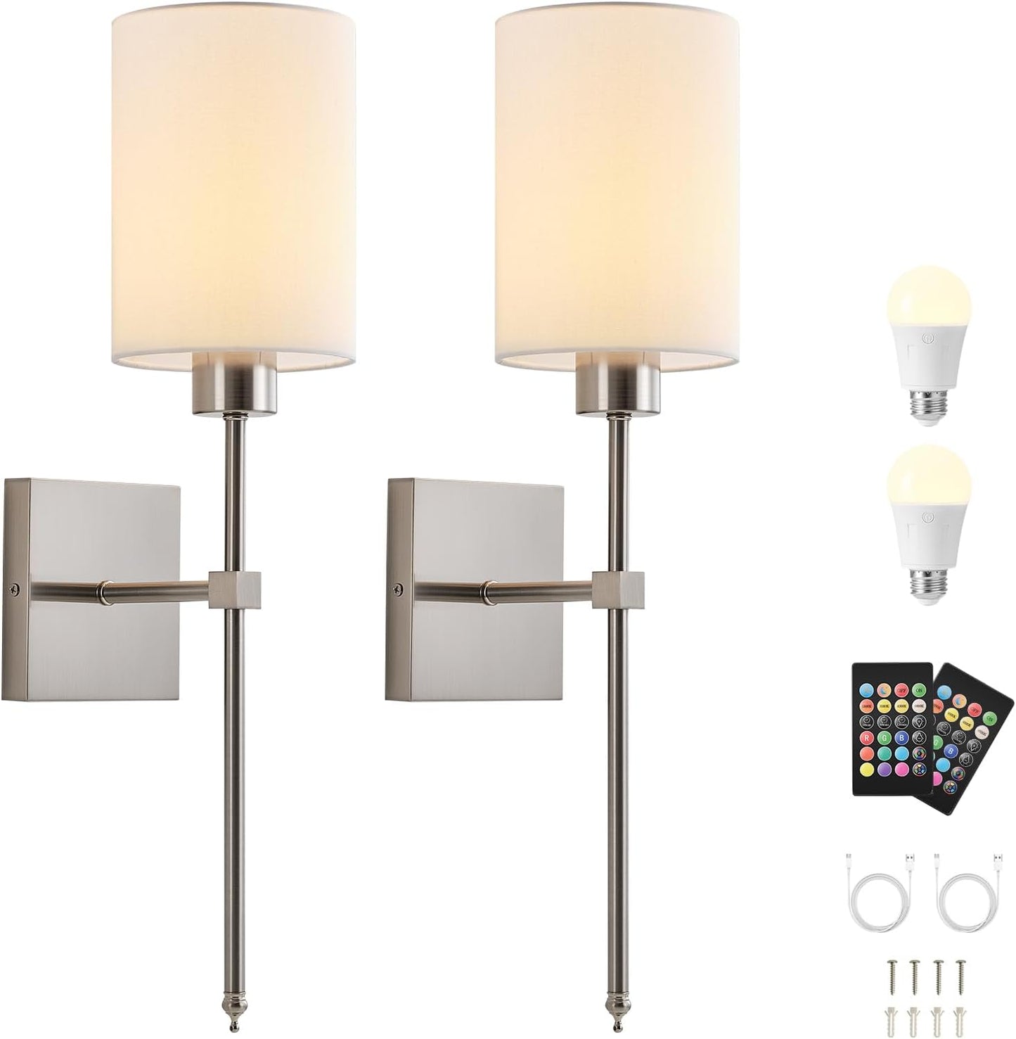 Battery Operated Wall Sconces Set of Two,Wireless Rechargeable Wall Light With Remote Control, Dimmable, Amber Light/Warm White/Natural White/Daylight/RGB, Timer,for Living Room,Bedroom,Entryway,Gold