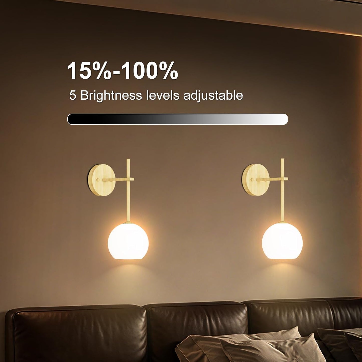 Brass Battery Operated Wall Sconces Set of 2, Rechargeable Wireless Wall Lights with Milky White Frosted Glass, 12 RGB and 3CCT Dimmable, Wall Lamps with Remote for Bedroom Living Room Hallway