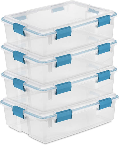 Sterilite 4-Pack Gasket Box, Home Storage Organizer Bins with Lids, 37 Quart – Stackable Clear Plastic Containers for Bedroom, Bathroom, Garage, Basement, or Attic