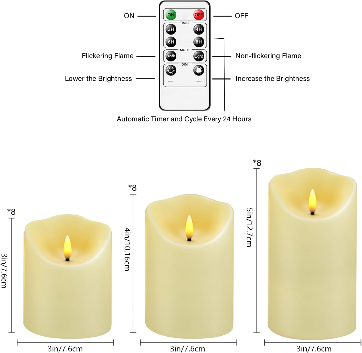Nimiko Flameless Candles with Remote, Battery Operated Flickering Flameless Candles, LED Candles with Timer 2/4/6/8H, with Realistic LED Candles Set of 9 (D3 x H 3" 4" 5" 6" 7") (White)