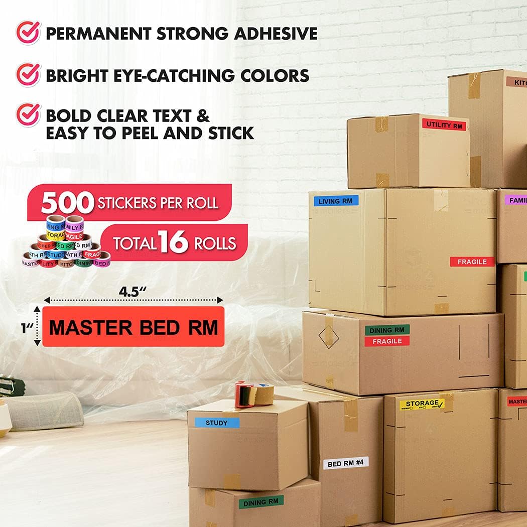 Shop4Mailers Home Moving Color Coded Labels Stickers - 800 Count - 16 Rolls - 50 Labels Per Roll (1 Set)