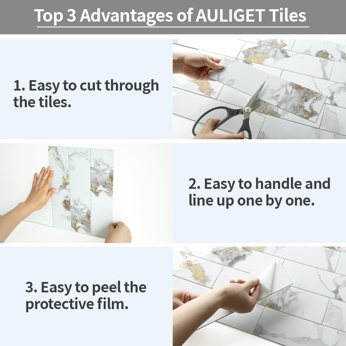 AULIGET 40-Piece Polished White Marble with Gold Peel and Stick Backsplash Wall Tiles, 3" x 12" PVC Faux Stone Stick on Tiles for Backsplash Kitchen, Bathroom, Laundry Room, Camper, Fireplace
