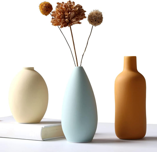 Ceramic Vase Set of 3, Minimalist Flower Vase for Rustic, Modern Farmhouse, Living Room, Shelf, Table, Bookshelf, Mantel and Entryway Decor - Multicolor