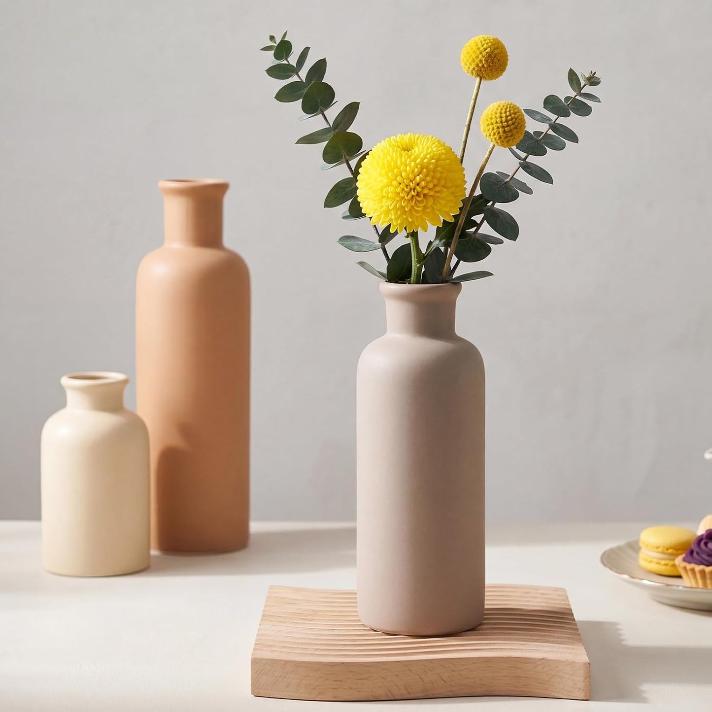 CUCUMI Ceramic Vase Set of 5, Home Decor Farmhouse Décor Handmade Pottery Vases for Pampas Grass, Dried Fresh Flowers, Table, Living Room, Kitchen, Shelf, Entryway Mantel Neutral Tones