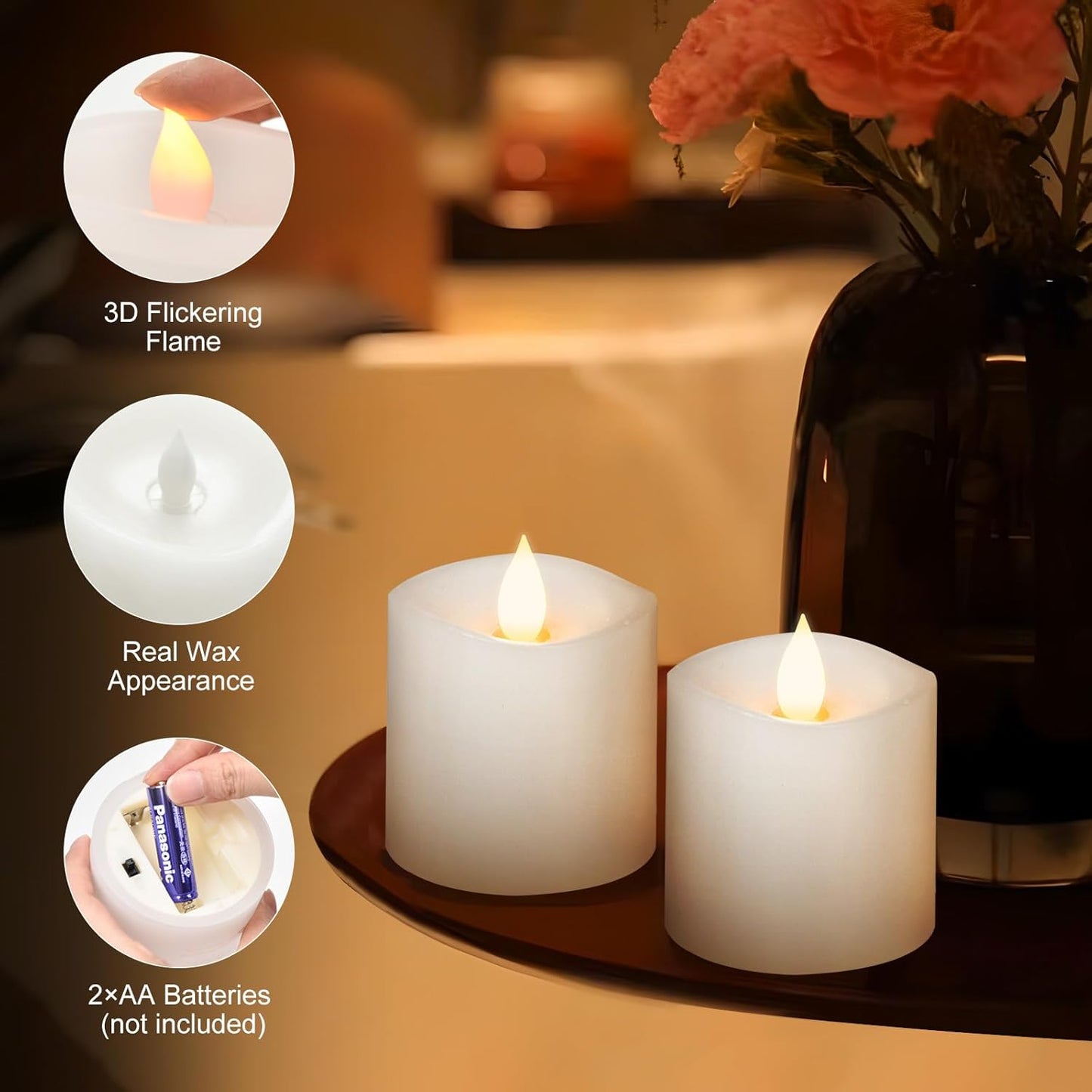 3x4 Flickering Flameless Candles Set of 3,Real Wax Pillar LED Candles,with Timer,4 inch Flameless Candles with Remote,for Party Wedding Holiday Home Decor,Ivory