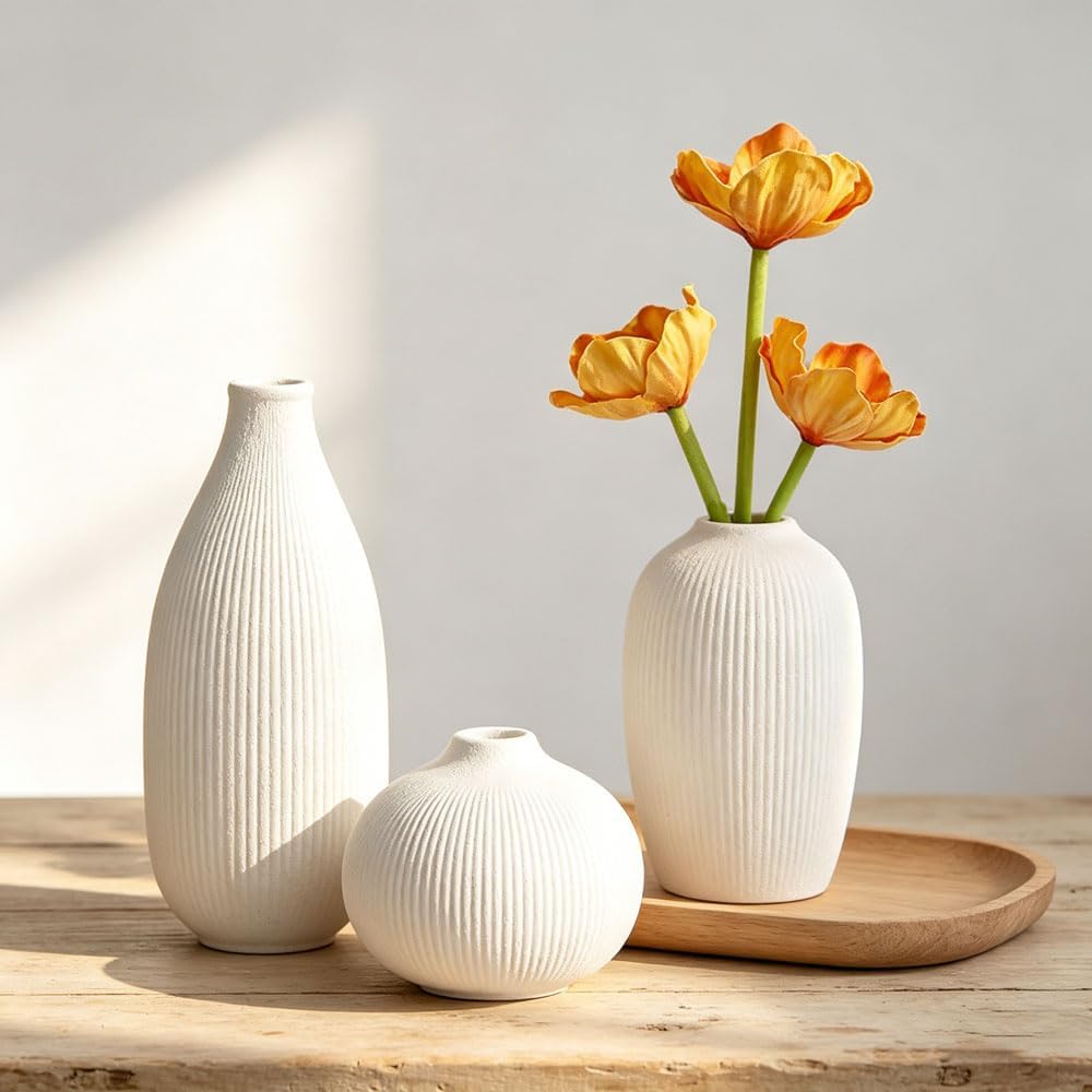 Ceramic Vase Set of 3 - Small Modern Minimalist Ceramic Bud Vases for Home Decor - Boho Aesthetic Flower Vases for Desk, Shelf & Table, Mantle, Bookshelf (Cute & Versatile) (Neutral Mix)