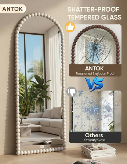 Antok 58" x 21" Arched Full Length Mirror, Antique Beaded Frame Floor Standing or Wall Mounted Mirror with Stand for Bedroom, Entryway, Brown, Luxury Style