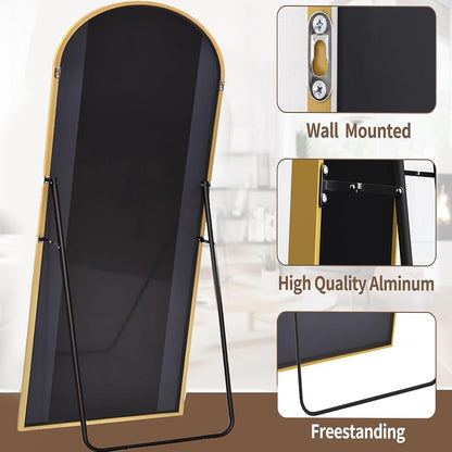 Prywot Arched Full Length Mirror, 70"x26" Free Standing Floor Mirror, Modern Full Body Mirrors with Stand, Wall Mirrors with Aluminum Alloy Frame for Bedroom,Living Room, Gold