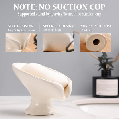 Small Soap Dish, Self Draining Bar Soap Holder for Bathroom Sink, Leaf Shaped Drainage Ceramic with Marble-Pattern Finish, Decorative Soap Dish, No Suction Cup, ANTIS'S HOME
