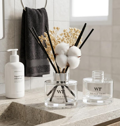 Flower Reed Diffuser Set Wild Eucalyptus Mint Scent for Bathroom Accessories Shelf Decor & Air Fresheners, Sticks Defusers with 5.1 fl oz Essential Oils & Leaves, House Bedroom Office Decor & Gifts