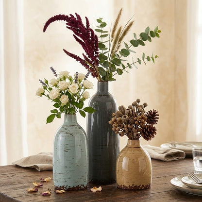 Ceramic Vase Set of 3, Small Flower Neutral Vases Home Decor, Pottery Rustic Farmhouse Decorative Vases, Modern Decor for Table Mantel Entryway Bookshelf Living Room Kitchen Bedroom