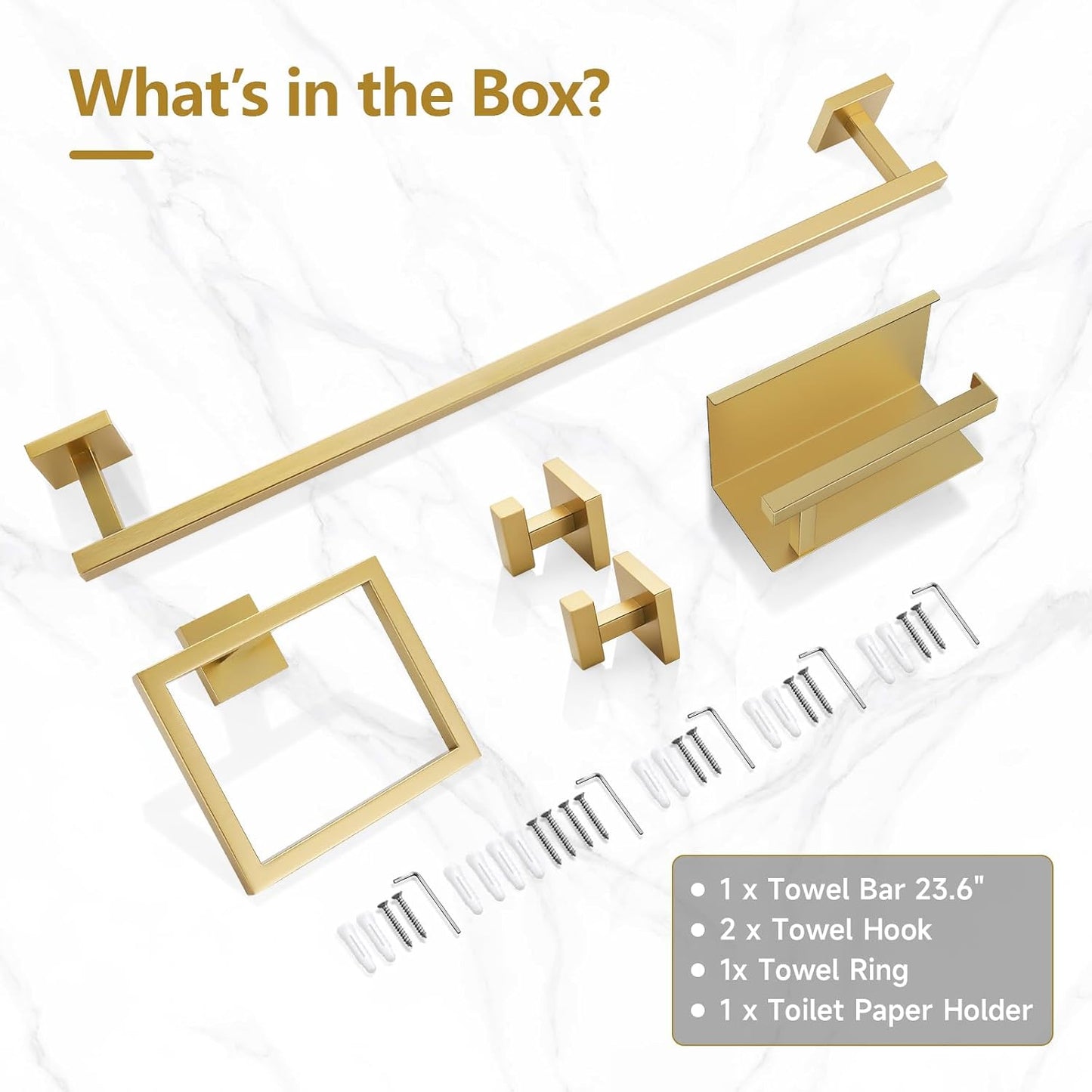 TQKAG Brushed Gold Bathroom Hardware Accessories Set 10 Pieces, 23.6" SUS304 Stainless Steel Towel Bar Set Wall Mounted Includes Single Towel Bar, Towel Ring, Toilet Paper Holder, Double Towel Hooks