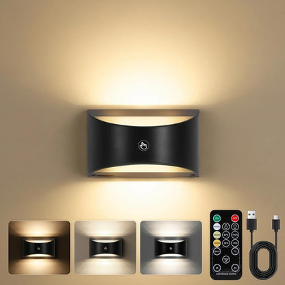 Battery Powered Wall Sconces Set of Two, Rechargeable Magnetic Wall Sconce with Remote Control, 3 Colors Wireless Up and Down Wall Mount Light for Bedroom Hallway Bedside Living Room(Black)