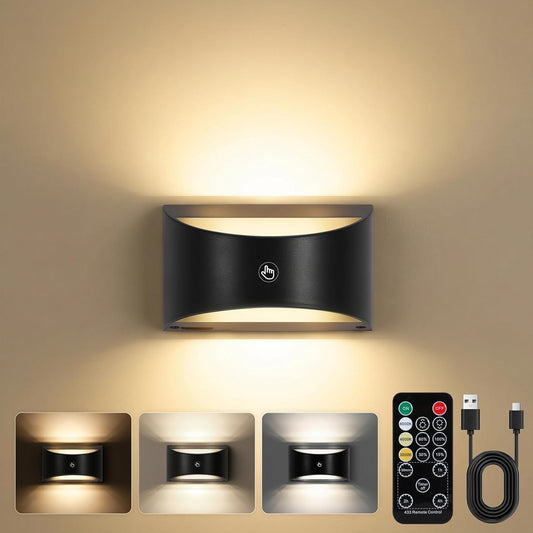 Battery Powered Wall Sconces Set of Two, Rechargeable Magnetic Wall Sconce with Remote Control, 3 Colors Wireless Up and Down Wall Mount Light for Bedroom Hallway Bedside Living Room(Black)
