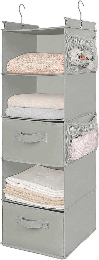 MAX Houser 4-Shelf Hanging Closet Organizer, Space Saver, Cloth Hanging Shelves with 2 Side Pockets, Foldable (Beige)