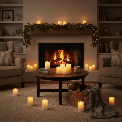 Outdoor Indoor Flameless Candles, Patented 3D Dual-LED, Set of 6 Slanted Top Durable Plastic Pillars with 2 Remotes & Timer, Non-Melting Waterproof Battery Candles for Patio Garden (Ivory)