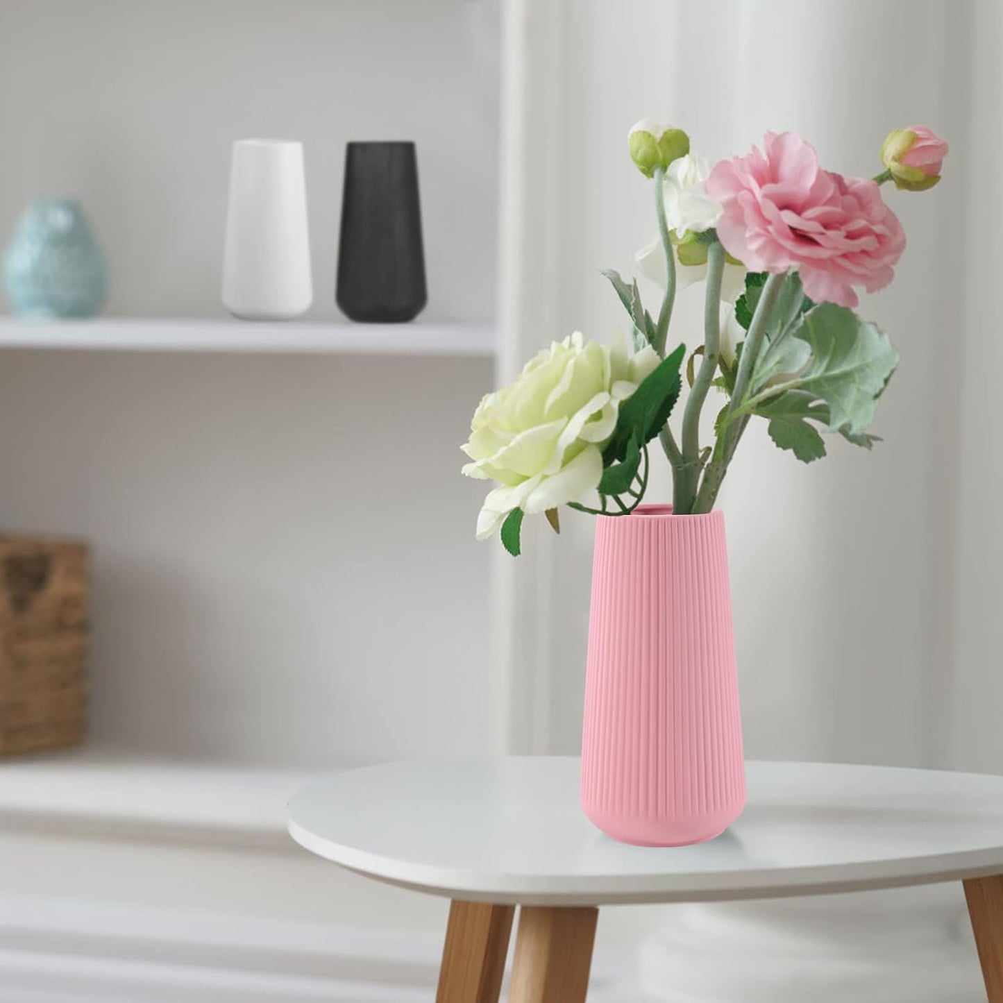 White Ceramic Vase, GUKJOB Small Cute Flower Vase for Pampas Grass, Home, Living Room, Dining Table, Farmhouse, Office Decor, Bedroom, Table, and Kitchen Shelf (White- 2PCS)