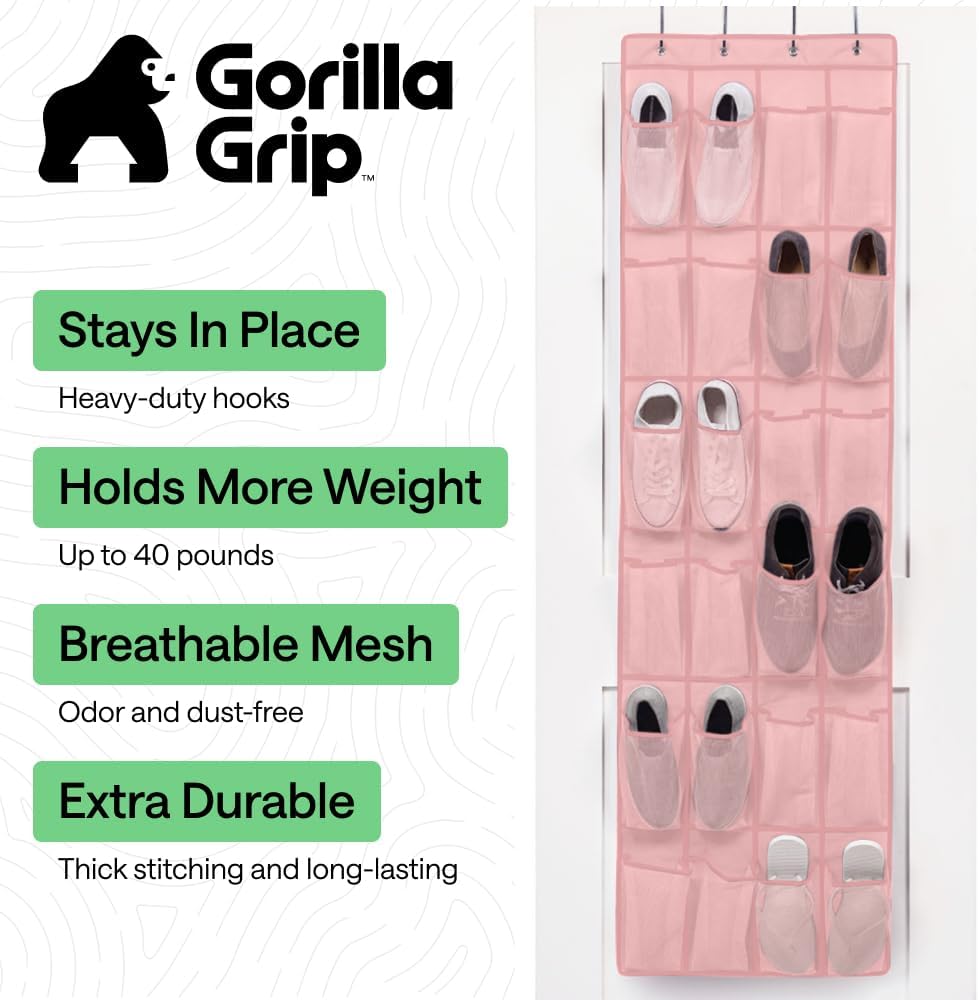 GORILLA GRIP Over the Door Shoe Organizer, 24 Large Breathable Mesh Pockets, Space Saving Hanging Storage Holder, Closet Rack Hanger Holds Up to 40 lbs, Hangs on Closets for Shoes, Accessories, Grey