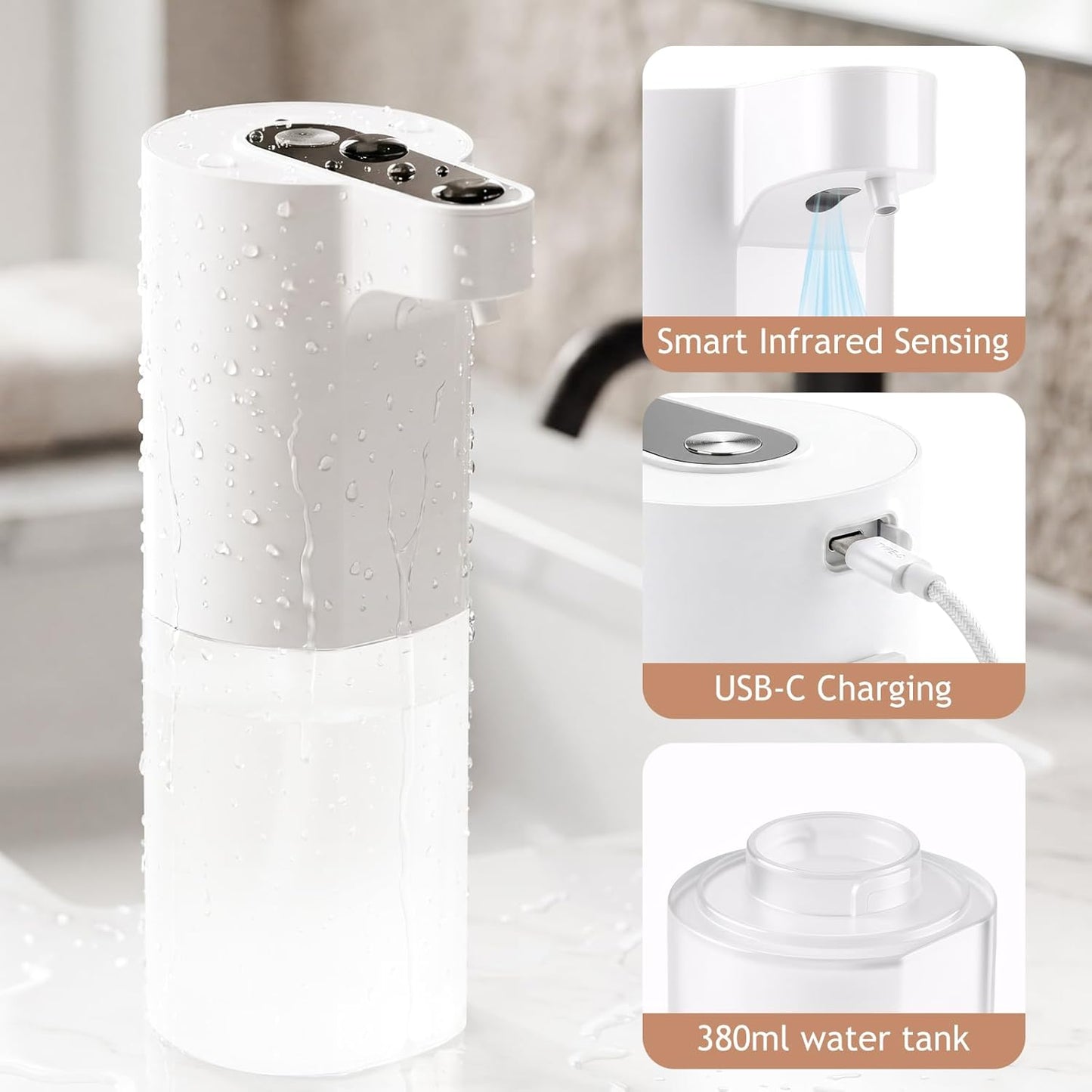 Automatic Soap Dispenser Touchless, Liquid & Foaming Soap Dispensers, USB Rechargeable Smart Hand Soap Dispenser, 3-Level Adjustable, 12.2oz/360ml (Gel Version and Foam Version)
