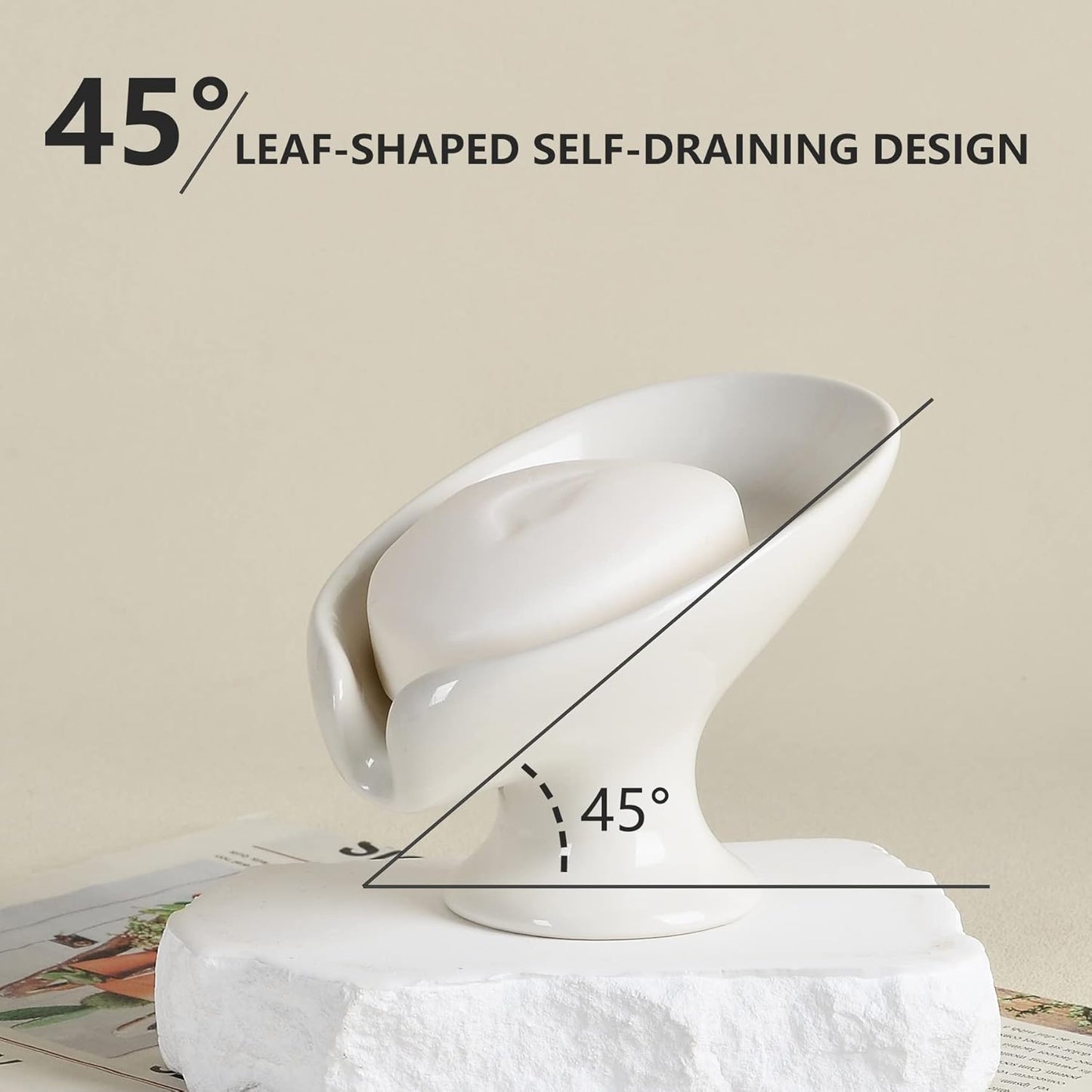 Small Soap Dish, Self Draining Bar Soap Holder for Bathroom Sink, Leaf Shaped Drainage Ceramic with Marble-Pattern Finish, Decorative Soap Dish, No Suction Cup, ANTIS'S HOME