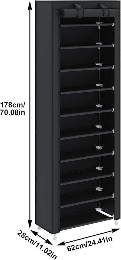 UDEAR 10-Tier Free Standing Shoe Rack Sturdy Shoe Rack Organizer for Closet Entryway Stackable Shoe Shelf with Dustproof Cover,Black