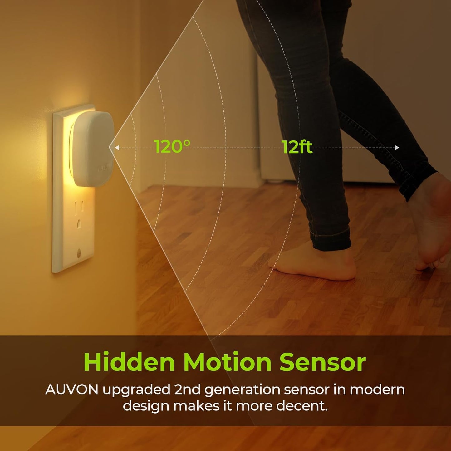 AUVON Plug-in LED Backlit Night Light with Motion Sensor & Dusk to Dawn Sensor, Dimmable Cool White Nightlight with 1-50 lm Adjustable Brightness for Bedroom, Bathroom, Stairs, Hallway (4 Pack)