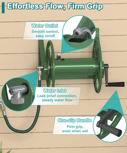 Artigarden Garden Hose Reel Wall Mounted, Outdoor Heavy Duty Powder Coated Metal Water Hoses Holder Winder Holds 125 ft 5/8" Hoses with 3.9ft Leader Hose, Stainless Steel Connector for Outside, Black