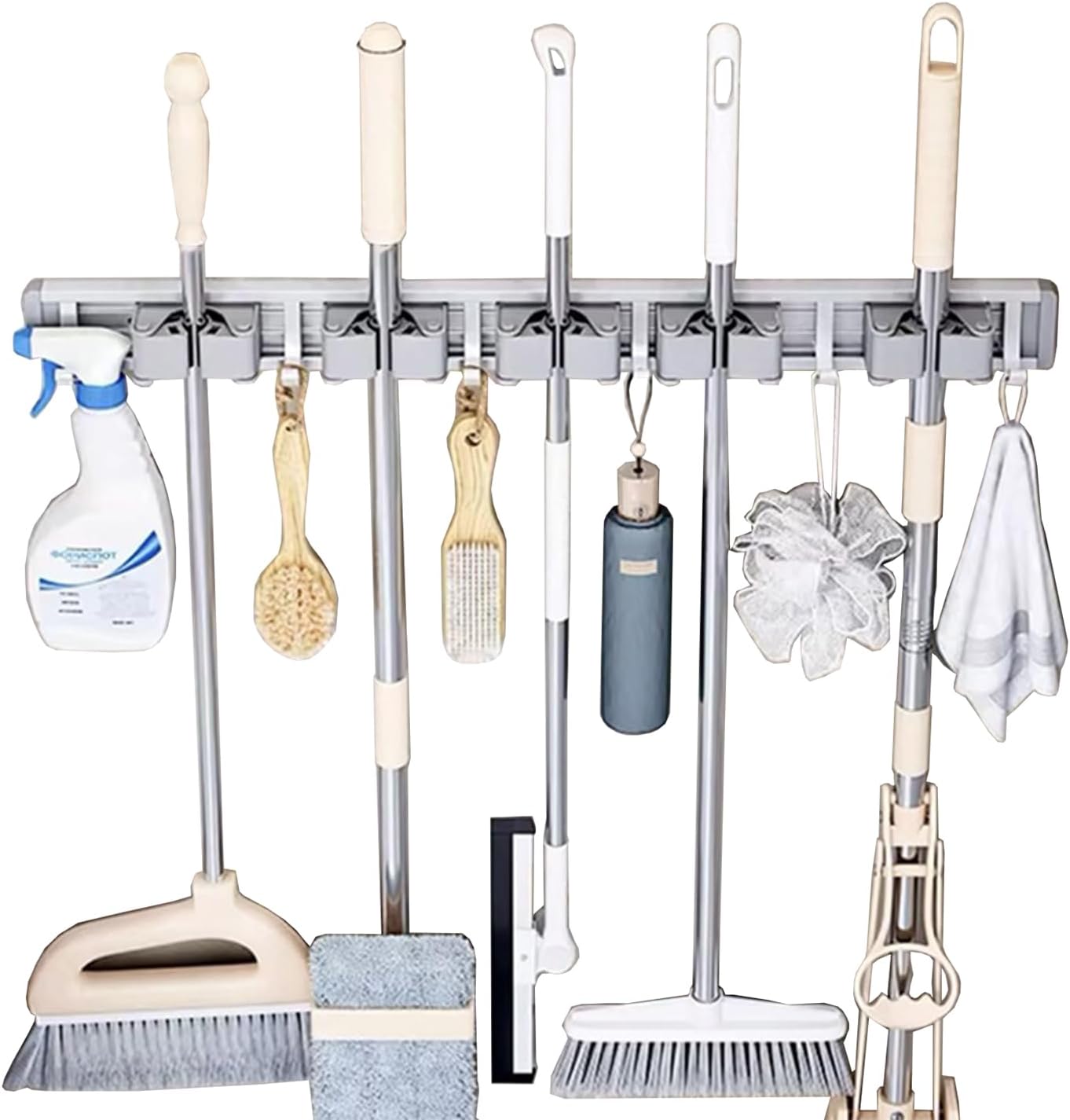 Broom Holder Wall Mount Movable Hooks and Clips Mop and Broom Hanger Wall Mounted Aluminum Garage Tool Organizer Storage Adhesive (Silver: 5 clips with 6 hooks)