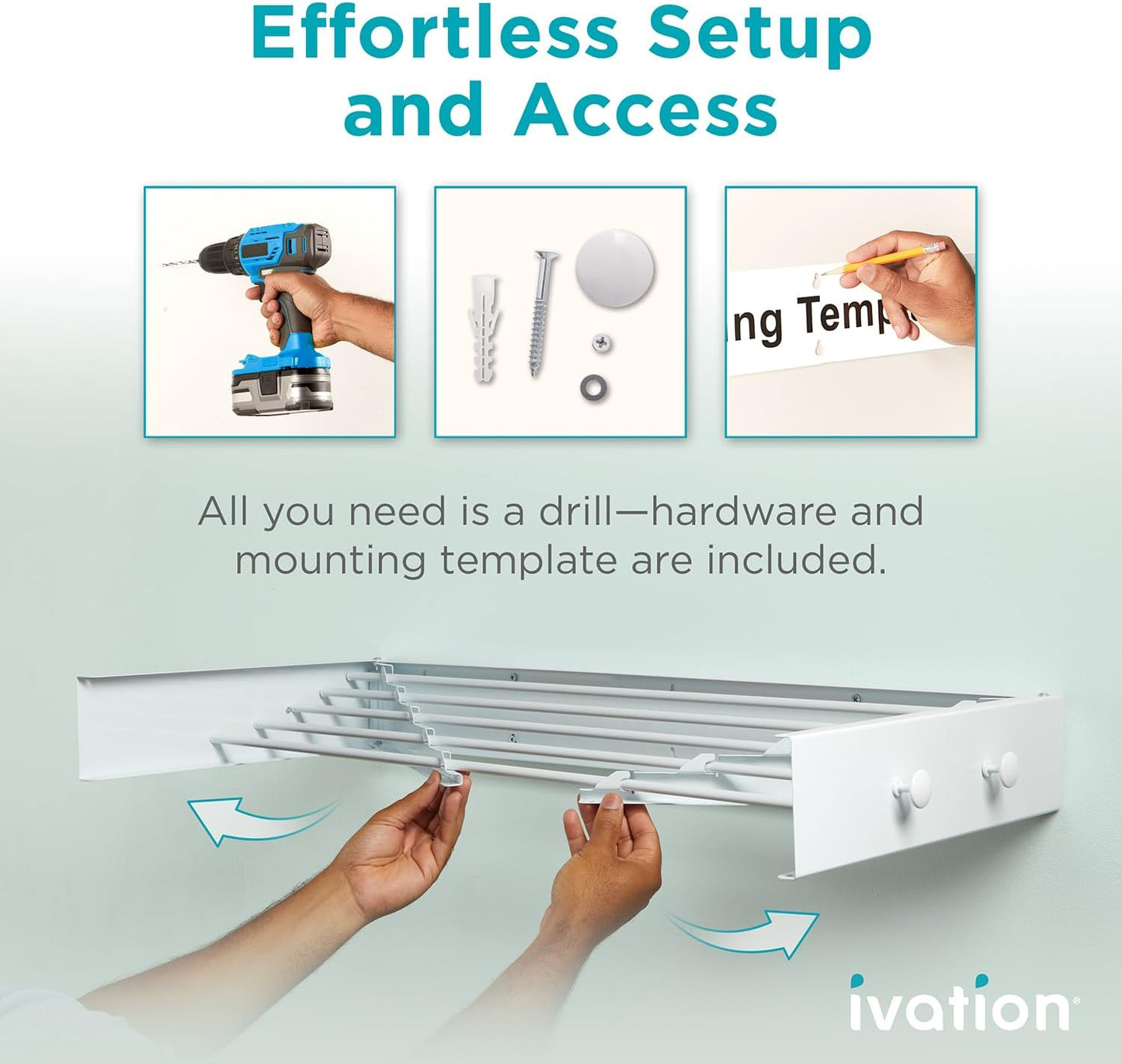 Ivation Retractable Wall Mounted Clothes Drying Rack, 40" Foldable Laundry Drying Rack for Clothing | Collapsible Space-Saving Design & 5 Rods | Easy Installation with Hardware & Wall Template (White)