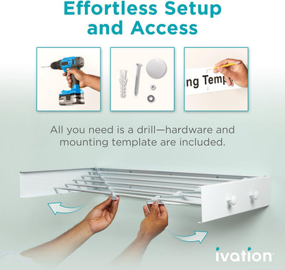 Ivation Retractable Wall Mounted Clothes Drying Rack, 40" Foldable Laundry Drying Rack for Clothing | Collapsible Space-Saving Design & 5 Rods | Easy Installation with Hardware & Wall Template (White)