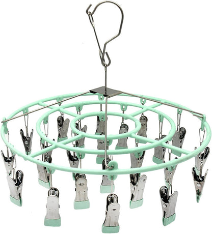 Stainless Steel Clothes Sock Drying Rack with 24 Clips, Swivel Hook Windproof Clothes Hanger Rack for Sock, Bras, Towel, Underwear, Laundry Clothes, Hat, Scarf, Pants, Gloves (Pink Clips)