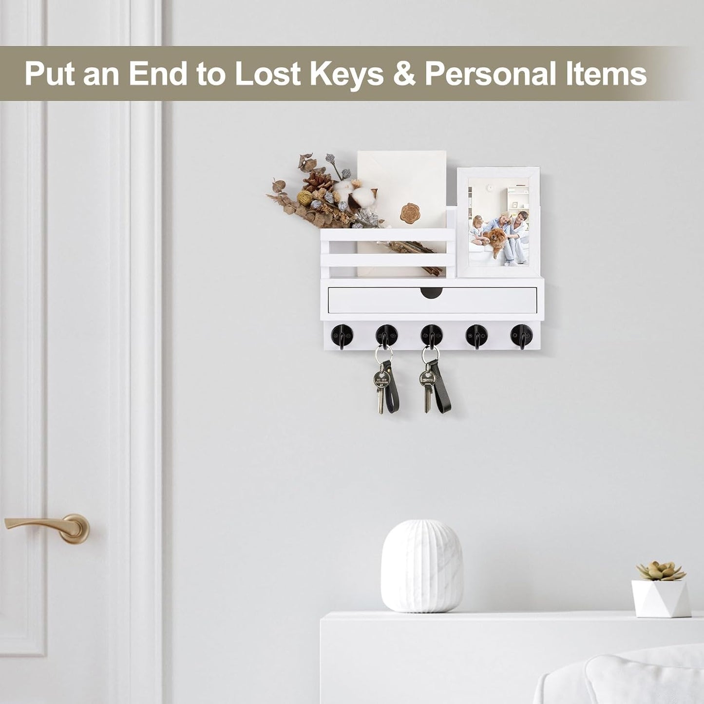 Key Holder Wall Mount, Mail Holder with Storage Drawer and 5 Key Hooks for Coat, Dog Leash, Home Decor Rack, House Accessories, Entry Way Organizer