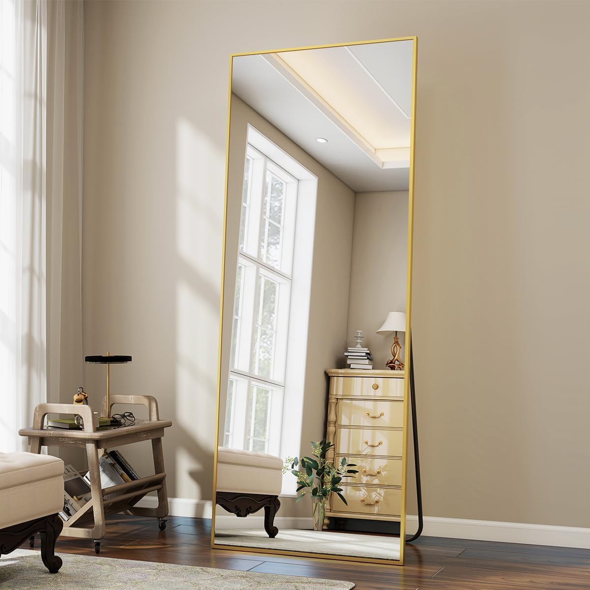 VooBang Mirror Full Length - 21" x 57" Floor Mirror with Stand, Aluminum Alloy Frame Full Body Mirror, Standing Hanging or Leaning Against Wall for Bedroom and Living Room, Black