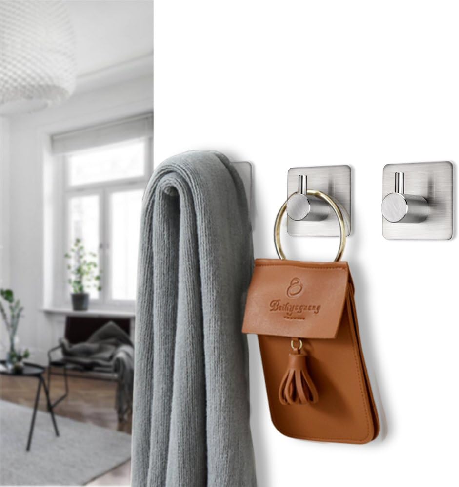 Fotosnow Adhesive Towel Hooks 15lbs Heavy Duty Wall Hooks Waterproof Stainless Steel Hanger for Hanging Coat, Hat, Towel Robe Hook Rack Wall Mount- Bathroom and Bedroom 4-Packs