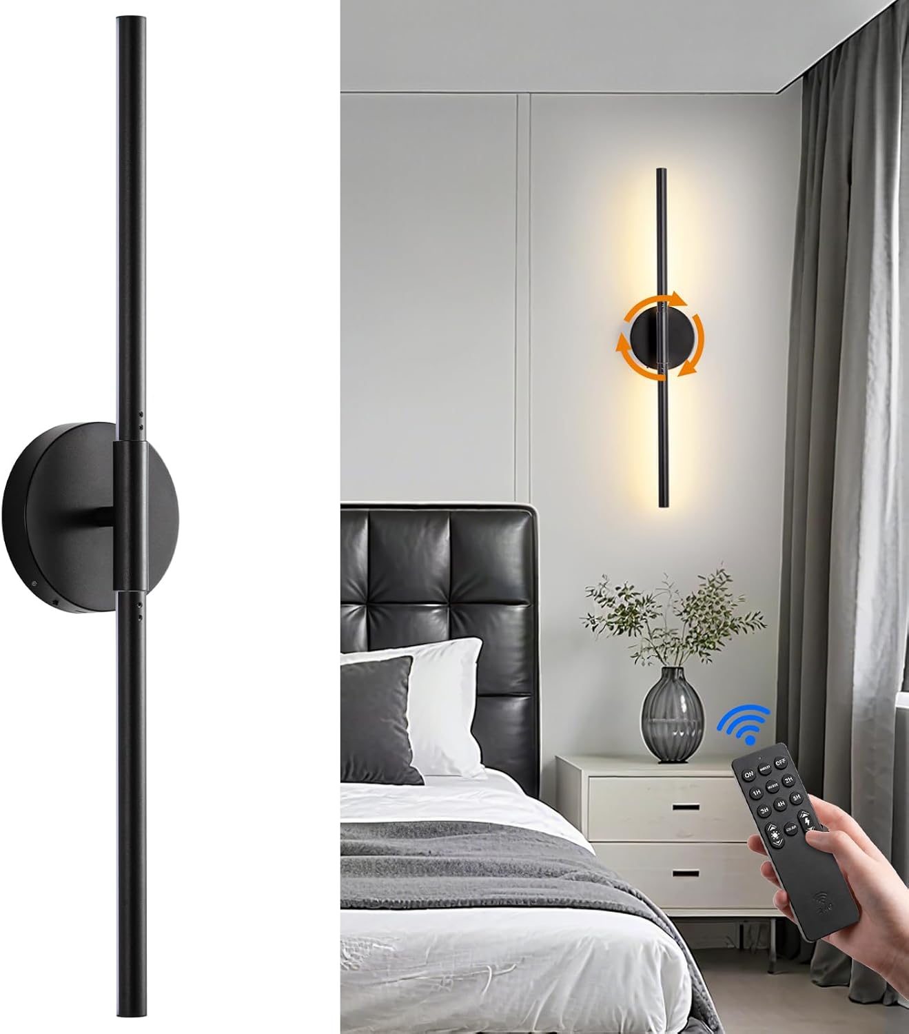 Battery Operated Wall Sconces Set of 2, Modern Wireless Wall Lights with Remote & Touch Control, 24 Inch Black Dimmable Rechargeable LED Sconce with 3 Colors & Timer for Bedroom, Living Room, Hallway