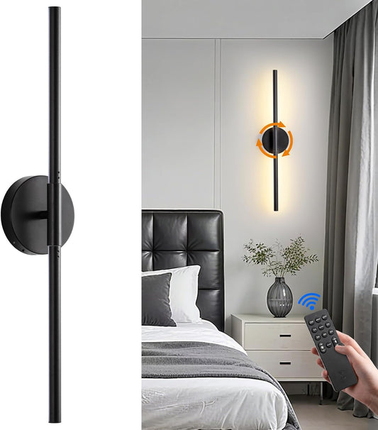 Battery Operated Wall Sconces Set of 2, Modern Wireless Wall Lights with Remote & Touch Control, 24 Inch Black Dimmable Rechargeable LED Sconce with 3 Colors & Timer for Bedroom, Living Room, Hallway