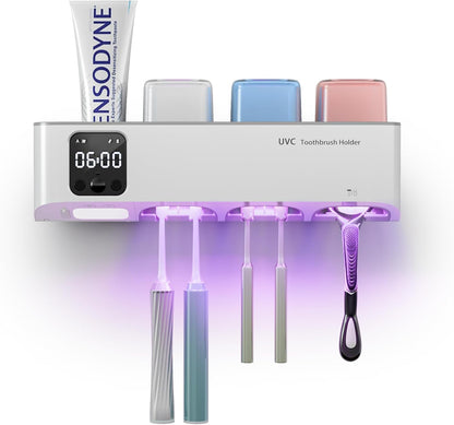 Toothbrush Sanitizer and Holder, Toothbrush Holders for Bathroom, Tooth Brush Wall-Mounted Cleaner Organizer with Auto-Inductive Cover, Air Drying Fits Most Electric, Manual and Kids’ Toothbrushes