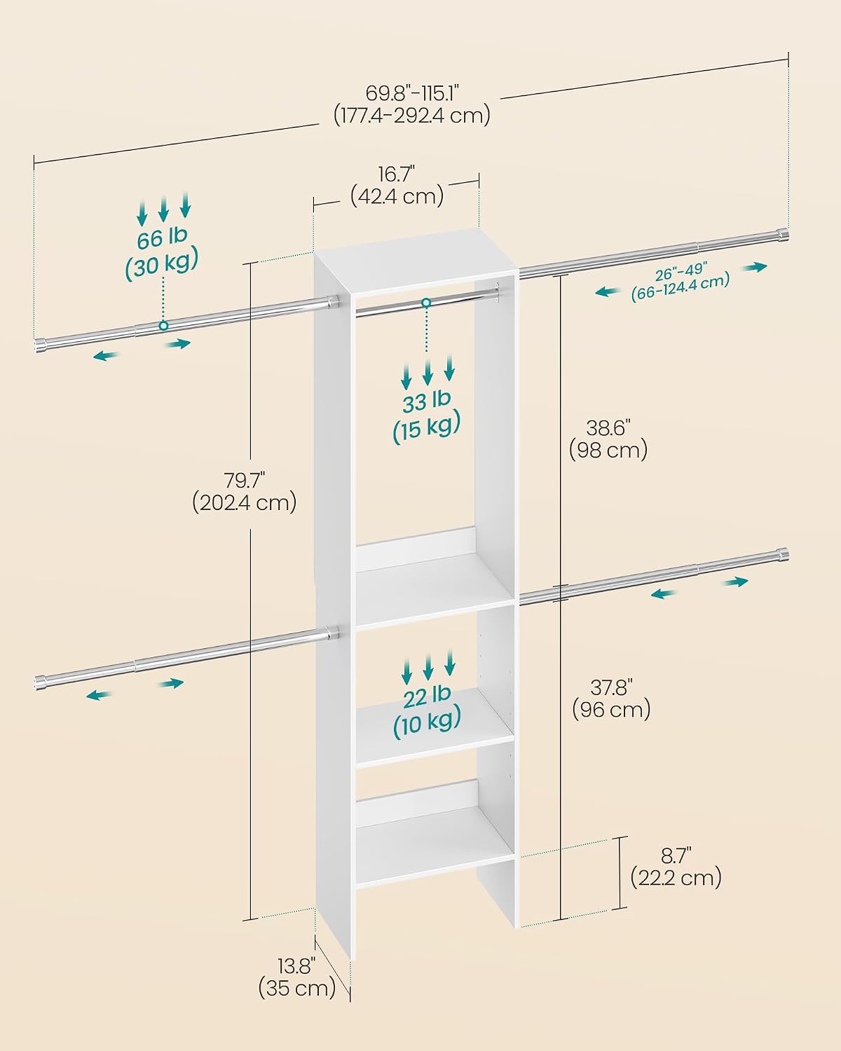 SONGMICS Closet System, Customizable Walk-In Closet Organizer System with Adjustable Hanging Rods and Storage Shelves, White, Fits Spaces 4-9.6 ft URGR040WZ01S