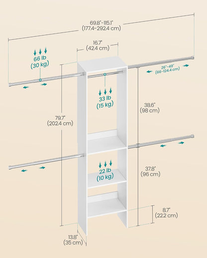 SONGMICS Closet System, Customizable Walk-In Closet Organizer System with Adjustable Hanging Rods and Storage Shelves, White, Fits Spaces 4-9.6 ft URGR040WZ01S