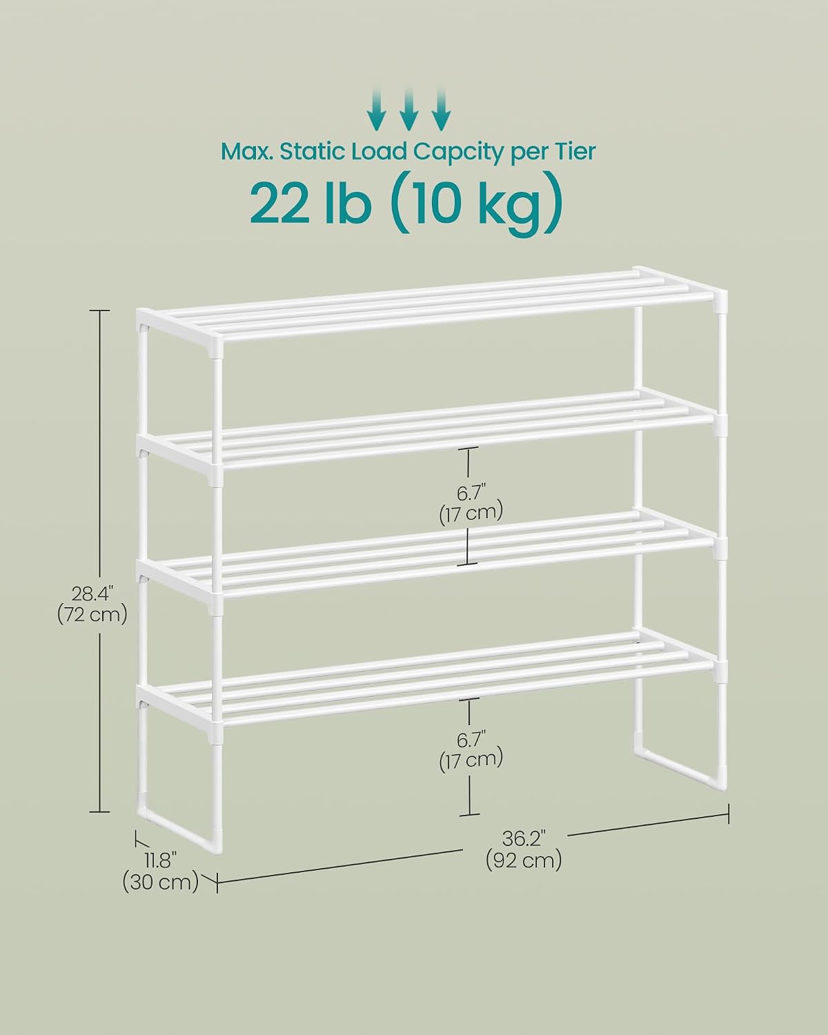 SONGMICS Shoe Rack, 6-Tier Shoe Organizer, Metal Storage Shelf, Upright or Upside Down, for 24-30 Pairs, Stackable, for Entryway, 11.8 x 36.2 x 42.7 Inches, Black ULSA306BH01