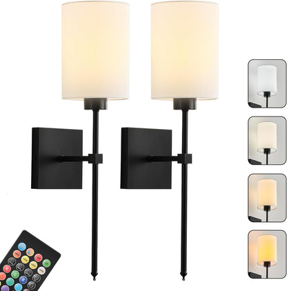 Battery Operated Wall Sconces Set of Two,Wireless Rechargeable Wall Light With Remote Control, Dimmable, Amber Light/Warm White/Natural White/Daylight/RGB, Timer,for Living Room,Bedroom,Entryway,Gold
