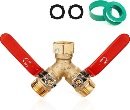 Garden Water Hose Splitter - RV Water Splitter 2 Way Heavy Duty Brass Spigot Hose Splitter - Outdoor Y Hose Bib 2 Valves with 2 Extra Rubber Washers for 3/4" Hose Connector (Blue)