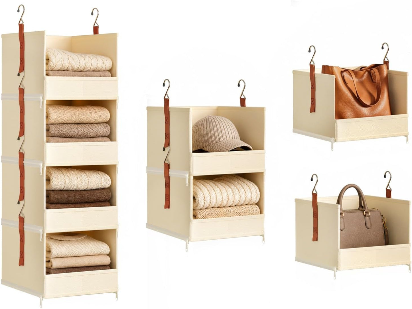 DIMJ Hanging Closet Organizer - 4 Tier Collapsible Hanging Shelves with Hooks Zipper, Fabric Clothes Organizer, Space-Saving Storage Bin Basket for RV, Bedroom, Laundry Organization