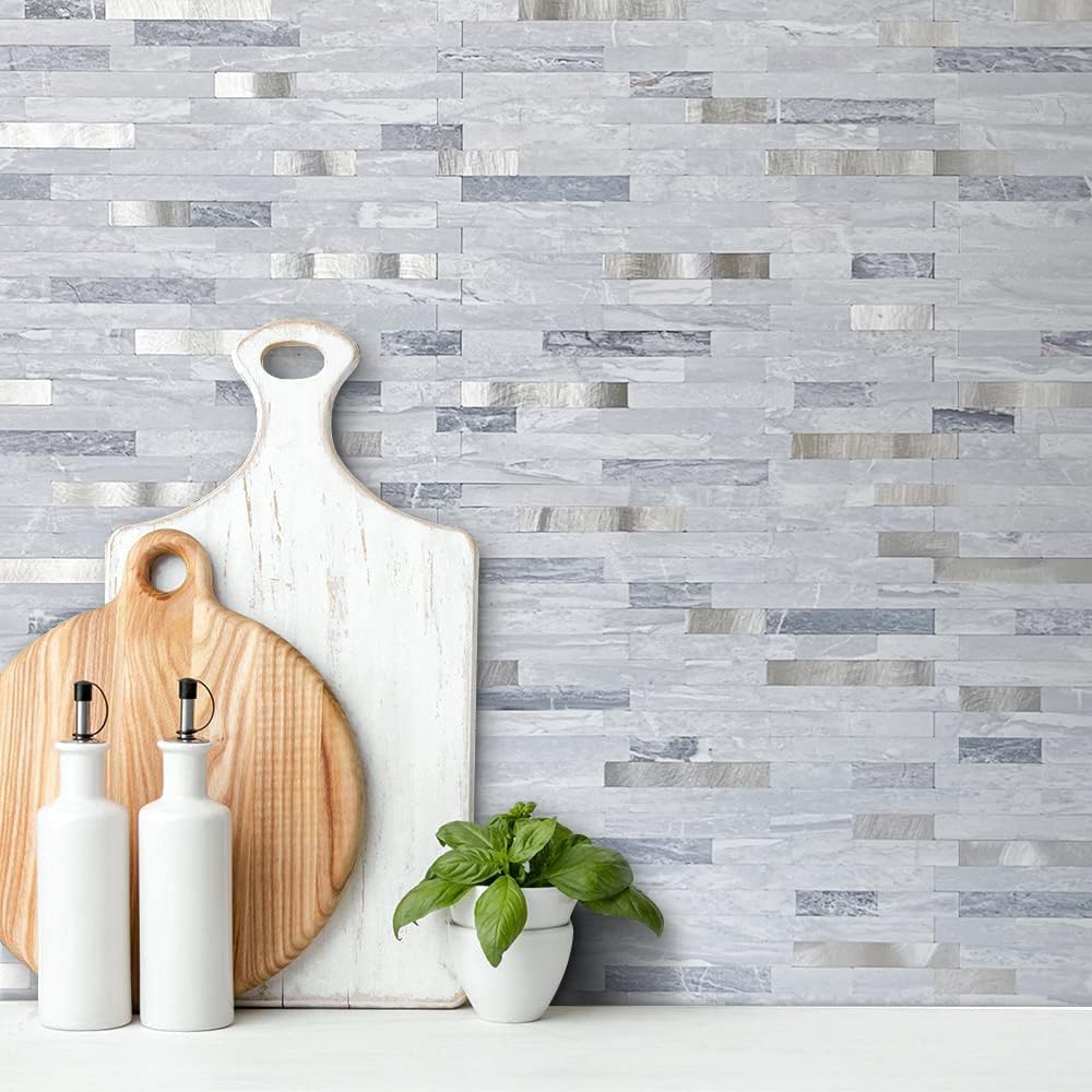 AULIGET 20 Sheets Peel and Stick Backsplash, Black & Grey Wood Look PVC Mixed Metal Stick on Backsplash Tiles for Kitchen