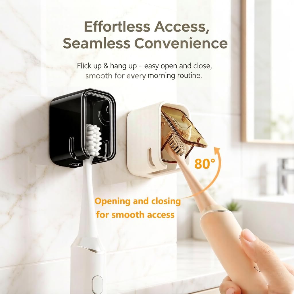 Toothbrush Holder for Bathroom, 4 Pcs Dustproof Tooth Brush Head Cover Wall Mounted with 2 Toothpaste Squeezer, Self Adhesive Toothbrush Dispenser Storage Organizer for Shower Travel Family