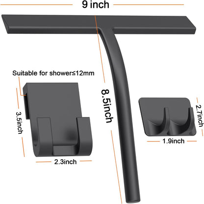 All -Purpose Silicone Shower Squeegee for Shower Glass Door with Hook, Bathroom Accessories for Window Mirror Tile Car Shower Walls,Household Shower Cleaner Tool (Black, 9 inch(1 Hook)