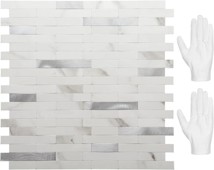 STICKGOO Peel and Stick Backsplash Tile, Stick on Backsplash for Kitchen and Bathroom, Volakas White Look PVC Mixed Metal Silver Self Adhesive Wall Tiles(Sample)