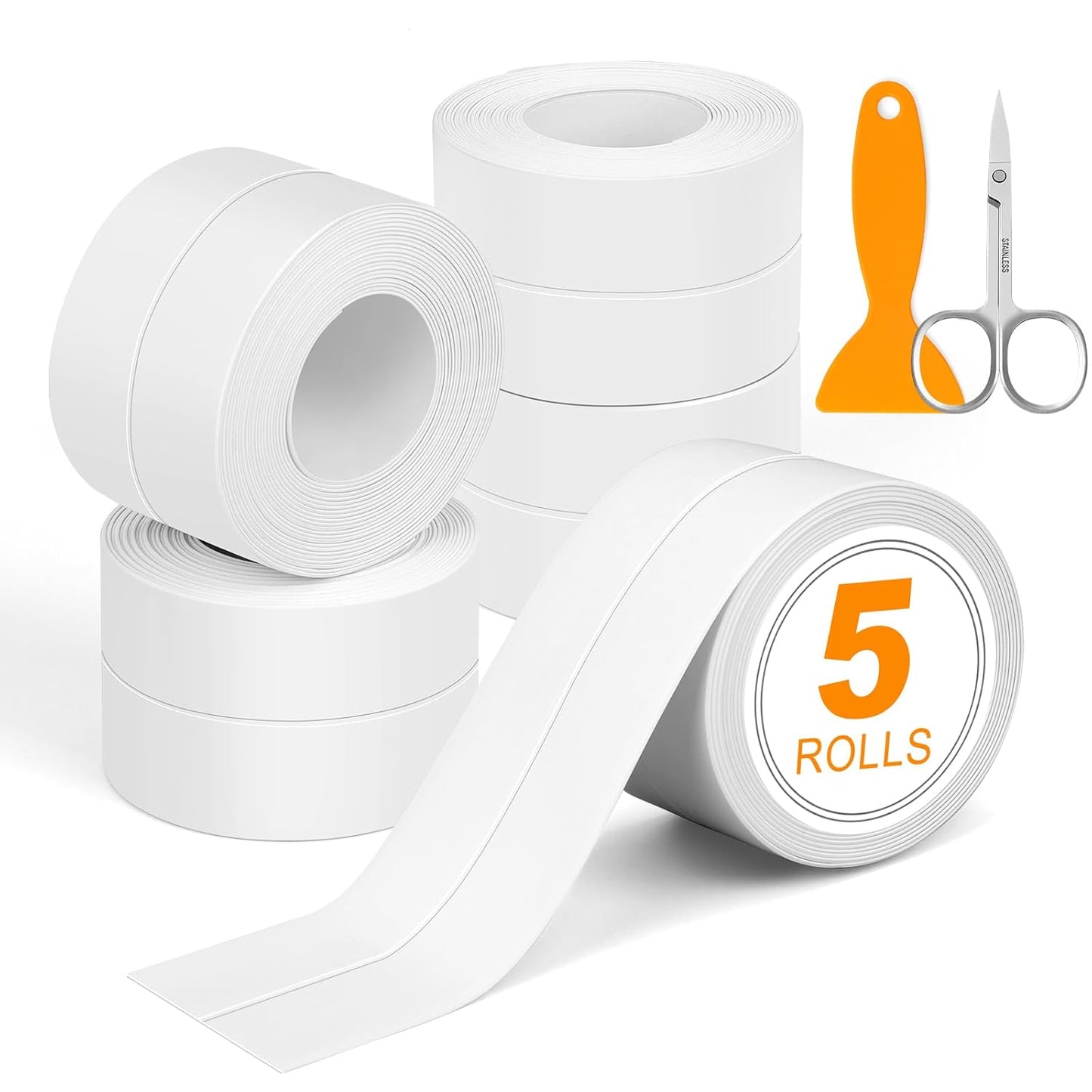ESRICH White Caulk Tape,5 Rolls Caulk Tape Waterproof Self Adhesive, Toilet Caulking Strip for Bathtub, Kitchen, Countertop,Sink,Wall Tile Edge Peel and Stick Caulking Sealing Tool (1.5" x10Ft)